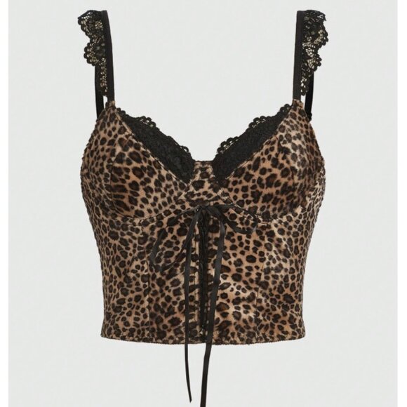 ROMWE Tops - 💚 ROMWE Leopard Print Lace Trim Cami Top – Women’s Lace Up Crop Tank –